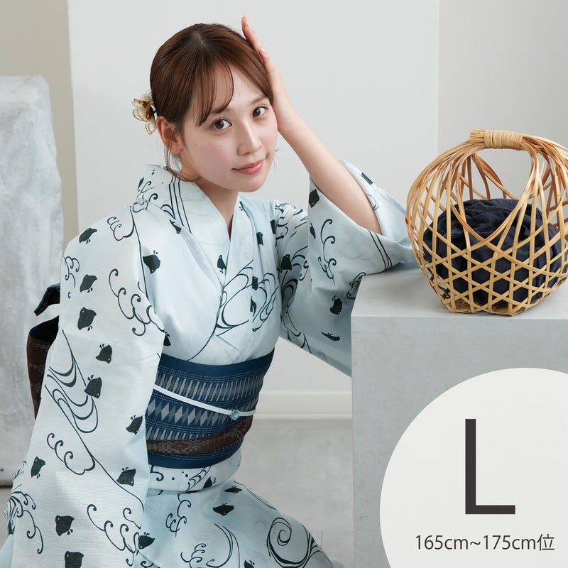 【utatane 高級変わり織 浴衣3点セット ( ゆかた・帯・下駄 ) 淡い水色ぼかしに碧色の千鳥】Lサイズ（165-175cm） 国産生地 国内染色　昭和初期アンティーク復刻版（5012268611）