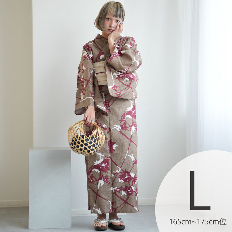 【utatane 高級変わり織 浴衣3点セット ( ゆかた・帯・下駄 ) ココアと赤茶のあざみ砂嵐】 Lサイズ（165-175cm） 国産生地 国内染色　昭和初期アンティーク復刻版（5012269211）