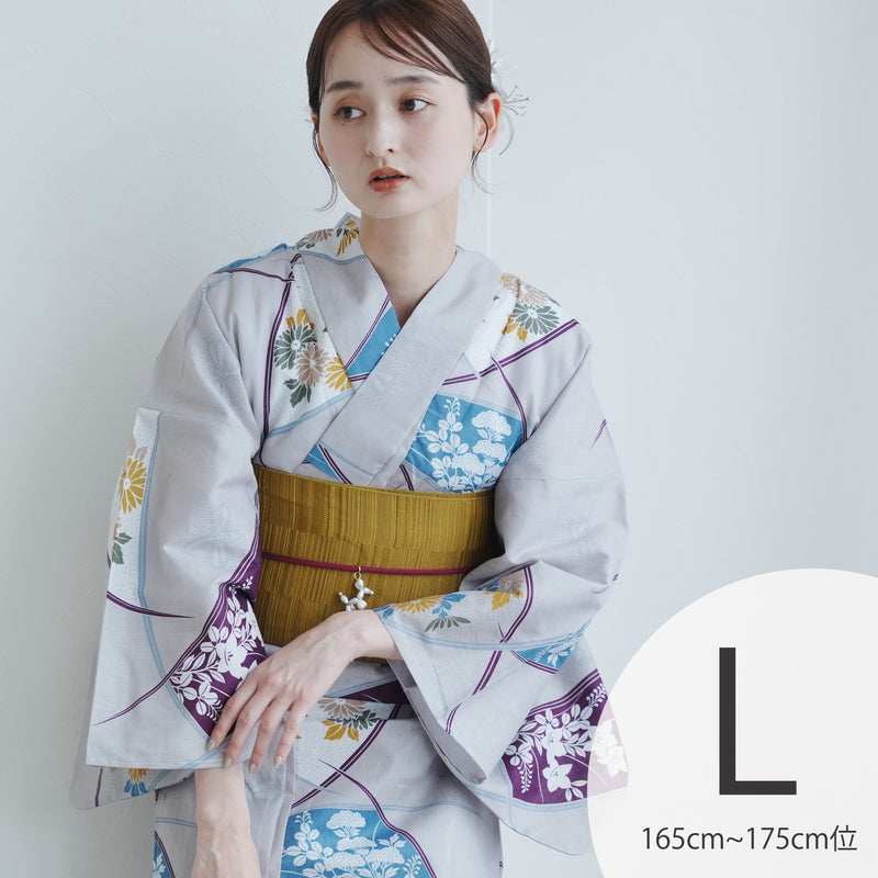 【utatane 高級変わり織 浴衣3点セット ( ゆかた・帯・下駄 ) グレーに露芝紋の古典花】 Lサイズ（165-175cm）国産生地 国内染色　昭和初期アンティーク復刻版（5012269411）