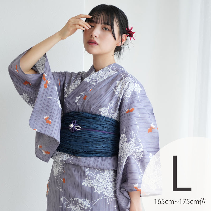 【ニコアンティーク 高級変わり織 浴衣3点セット ( ゆかた・帯・下駄 ) かすれ藤色に向日葵と金魚】 Ｌサイズ（165-175cm） 国産生地 国内染色　個性派きもの（5012270211）