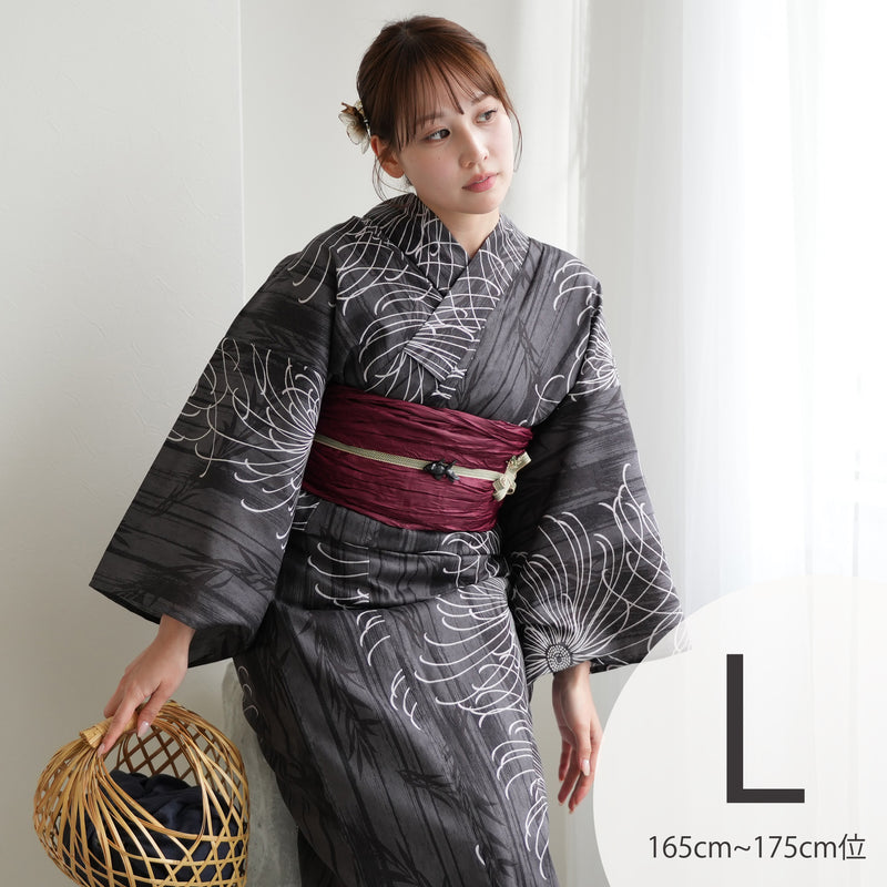 【ニコアンティーク 高級変わり織 浴衣3点セット ( ゆかた・帯・下駄 )墨黒に縞々糸菊】 Lサイズ（165-175cm） 国産生地 国内染色　個性派きもの（5012271911）
