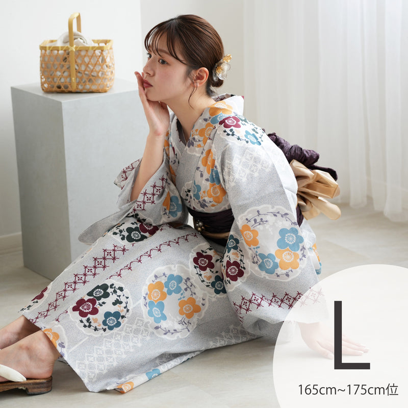 【utatane 高級変わり織 浴衣3点セット ( ゆかた・帯・下駄 ) 灰青の霧と梅雪輪】 Lサイズ（165-175cm） 国産生地 国内染色　昭和初期アンティーク復刻版（5012272111）