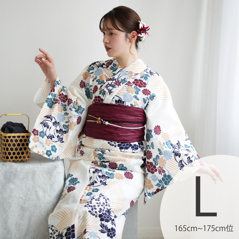 【utatane 高級変わり織 浴衣3点セット ( ゆかた・帯・下駄 ) きなりにえんじとからしの花輪】 Lサイズ（165-175cm） 国産生地 国内染色　昭和初期アンティーク復刻版（5012272211）