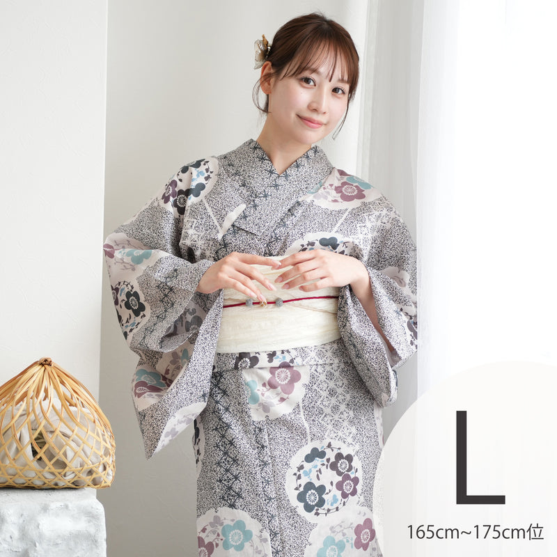 【utatane 高級変わり織 浴衣3点セット ( ゆかた・帯・下駄 ) 墨黒の霧と梅雪輪】Lサイズ（165-175cm） 国産生地 国内染色　昭和初期アンティーク復刻版（5012272511）
