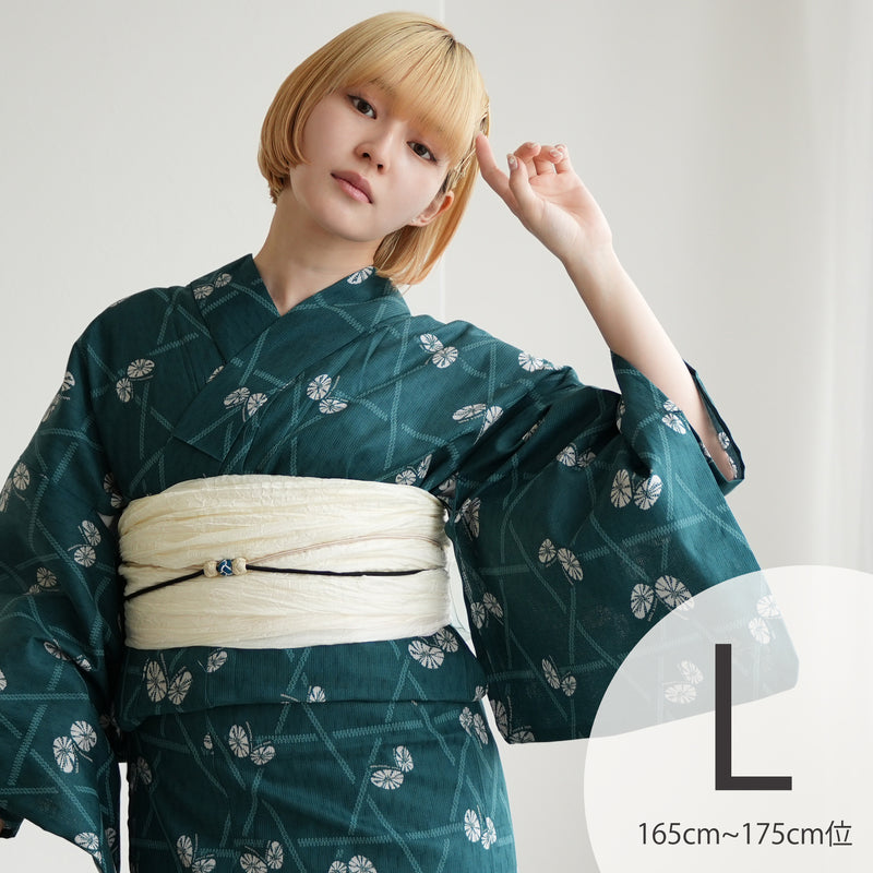 【ニコアンティーク 高級変わり織 浴衣3点セット ( ゆかた・帯・下駄 )碧にかごめ絞り柄の紋白蝶】 Lサイズ（165-175cm） 国産生地 国内染色　個性派きもの（5012274311）