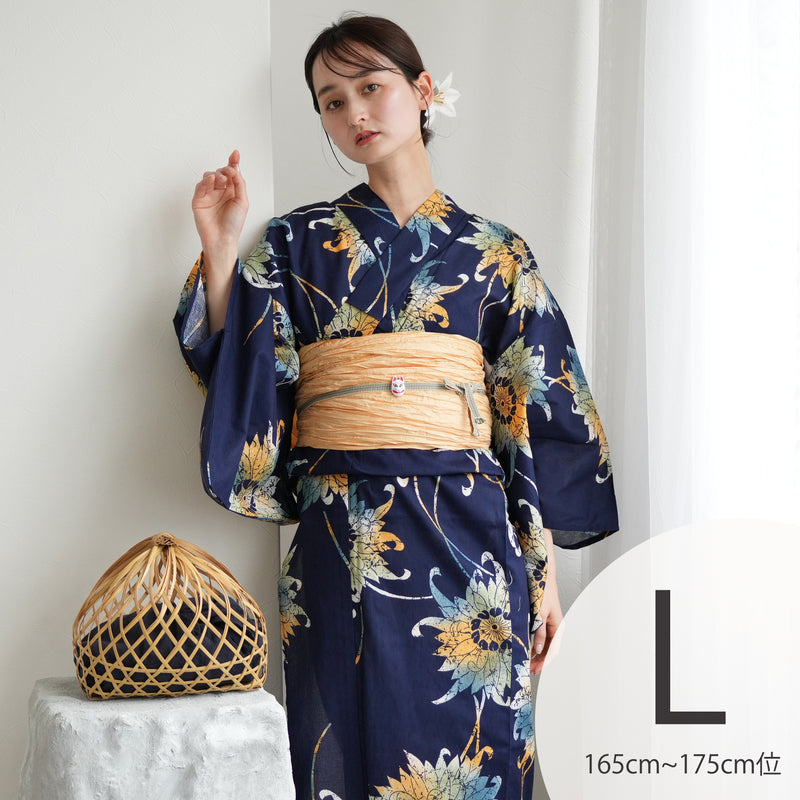 【ニコアンティーク 高級変わり織 浴衣3点セット ( ゆかた・帯・下駄 )紺地にアンティークローケツ柄】Lサイズ（165-175cm）国産生地 国内染色　個性派きもの（5012274611）