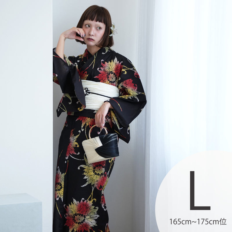 【ニコアンティーク 高級変わり織 浴衣3点セット ( ゆかた・帯・下駄 ) 黒地にアンティークローケツ柄】 Lサイズ（165-175cm） 国産生地 国内染色　個性派きもの（5012274911）