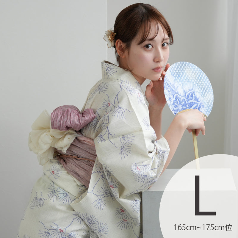 【utatane 高級変わり織 浴衣3点セット ( ゆかた・帯・下駄 ) クリームに涼しげな松花火】Lサイズ（165-175cm） 国産生地 国内染色　昭和初期アンティーク復刻版（5012276511）