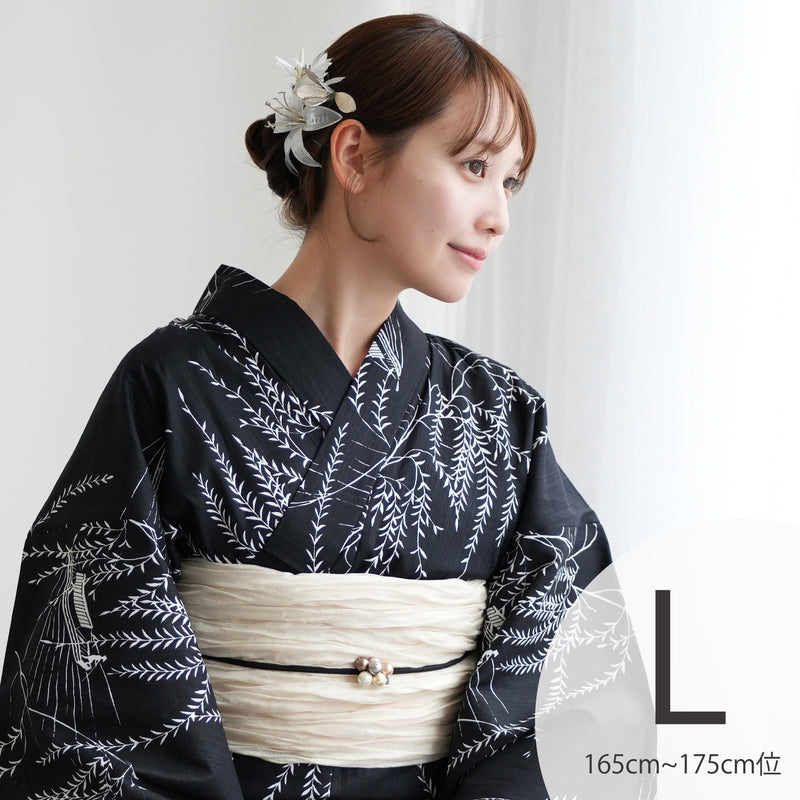 【utatane 高級変わり織 浴衣3点セット ( ゆかた・帯・下駄 ) 濃紺地にしだれ柳と小舟】 Lサイズ（165-175cm） 国産生地 国内染色　昭和初期アンティーク復刻版（5012276611）