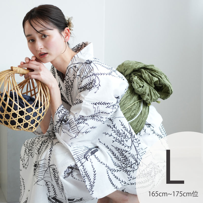 【utatane 高級変わり織 浴衣3点セット ( ゆかた・帯・下駄 ) 白地にしだれ柳と小舟】Lサイズ（165-175cm） 国産生地 国内染色　昭和初期アンティーク復刻版（5012276911）