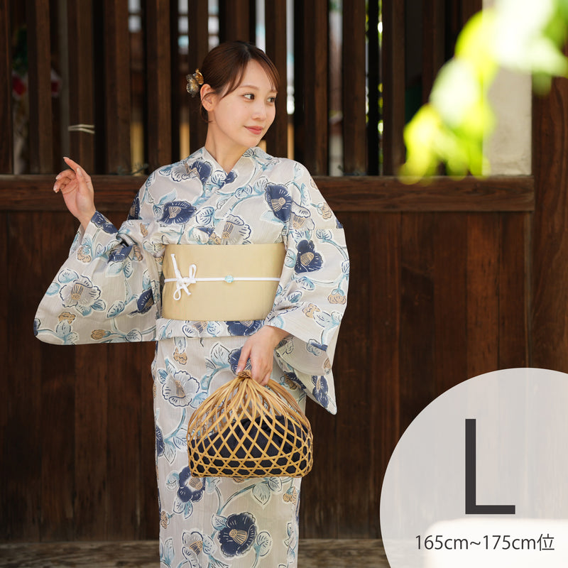 【utatane 高級変わり織 浴衣3点セット ( ゆかた・帯・下駄 ) 薄グレーに椿唐草】Lサイズ（165-175cm） 国産生地 国内染色　個性派きもの（5012277811）