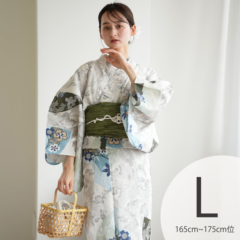 【utatane 高級変わり織 浴衣3点セット ( ゆかた・帯・下駄 )  ラムネ色の扇面と儚い花】Lサイズ（165-175cm） 国産生地 国内染色　昭和初期アンティーク復刻版（5012278011）