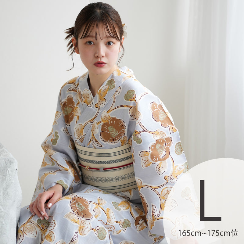【utatane 高級変わり織 浴衣3点セット ( ゆかた・帯・下駄 )ブルーグレーに椿唐草】Lサイズ（165-175cm） 国産生地 国内染色　昭和初期アンティーク復刻版（5012278211）