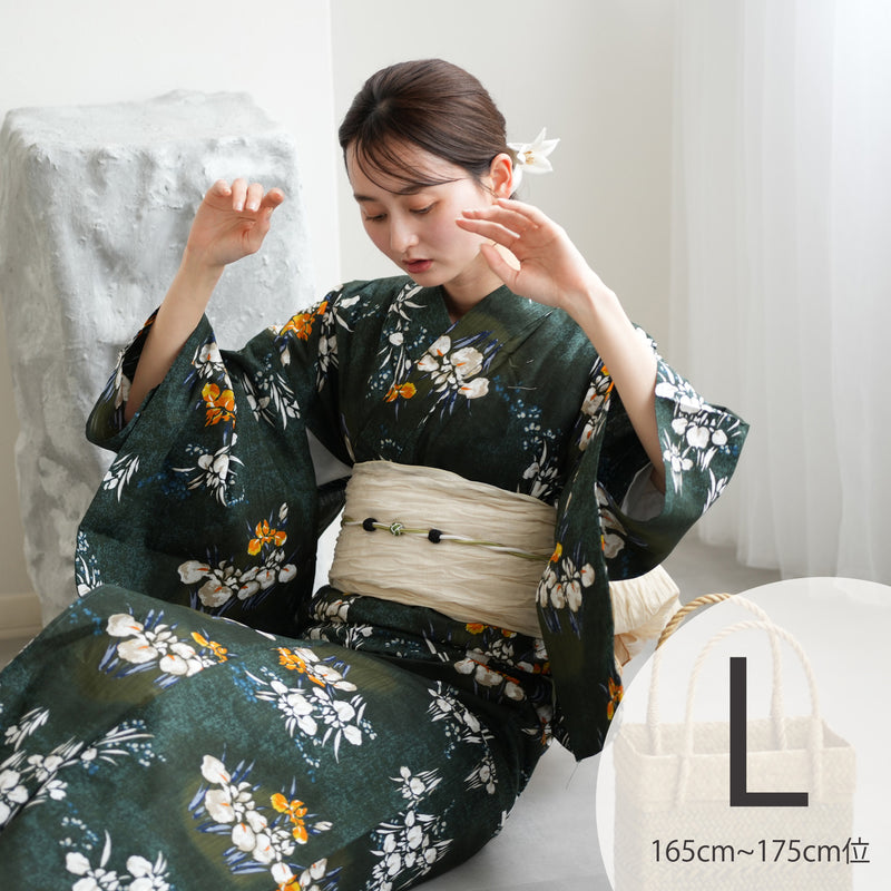 【utatane 高級変わり織 浴衣3点セット ( ゆかた・帯・下駄 )  錆緑に照る菖蒲】Lサイズ（165-175cm） 国産生地 国内染色　昭和初期アンティーク復刻版（5012278611）