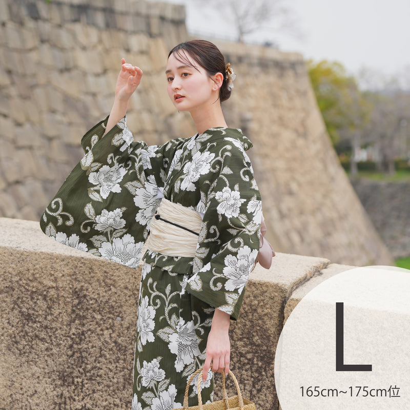 【utatane 高級変わり織 浴衣3点セット ( ゆかた・帯・下駄 )  抹茶グリーンに牡丹唐草】Lサイズ（165-175cm）国産生地 国内染色　昭和初期アンティーク復刻版（5012278911）