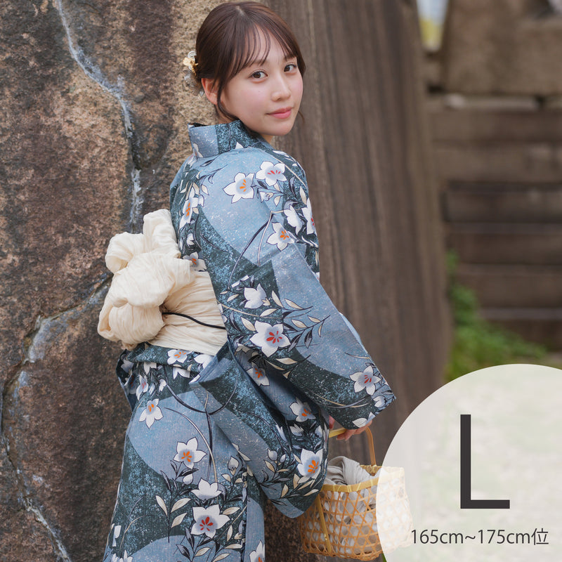 【utatane 高級変わり織 浴衣3点セット ( ゆかた・帯・下駄 )  鈍青と緑の砂よろけに桔梗】 Lサイズ（165-175cm） 国産生地 国内染色　昭和初期アンティーク復刻版（5012279111）