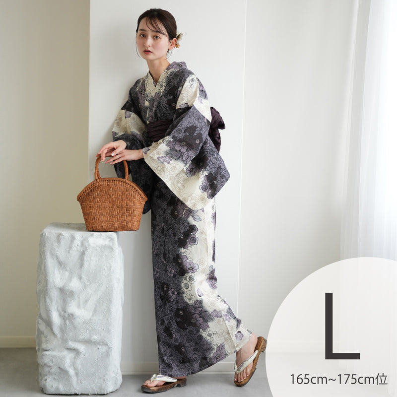 【utatane 高級変わり織 浴衣3点セット ( ゆかた・帯・下駄 ) ブラックの染分け梅つばき】Lサイズ（165-175cm） 国産生地 国内染色　昭和初期アンティーク復刻版（5012279511）