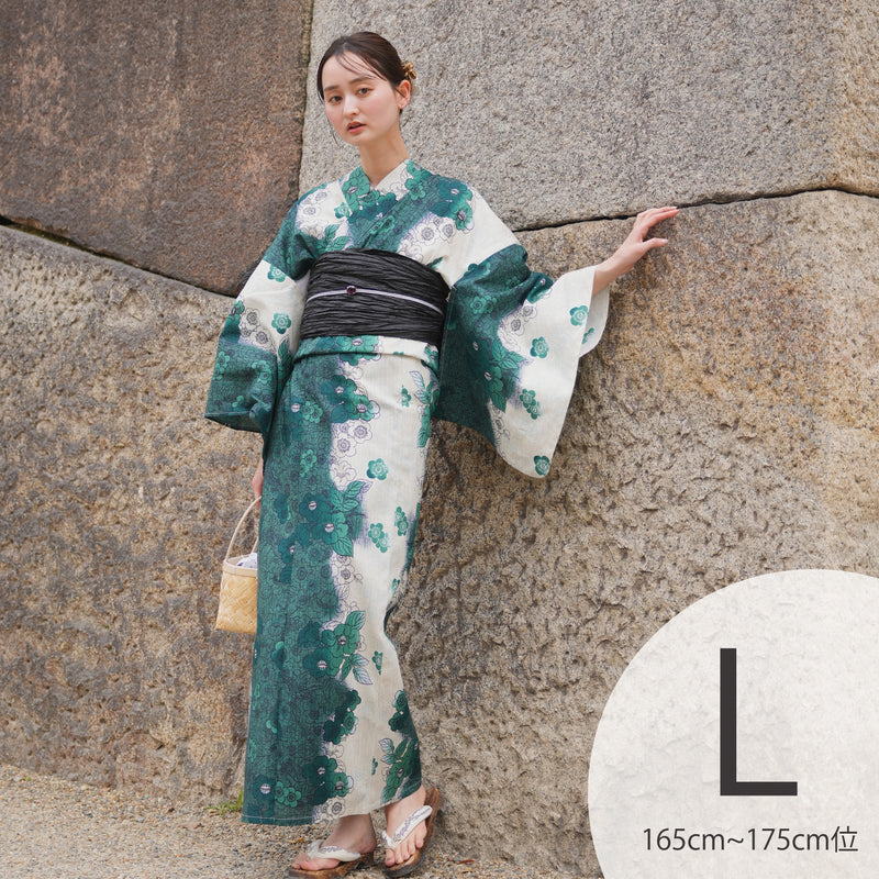 【utatane 高級変わり織 浴衣3点セット ( ゆかた・帯・下駄 )グリーンの染分け梅つばき】Lサイズ（165-175cm） 国産生地 国内染色　昭和初期アンティーク復刻版（5012279911）