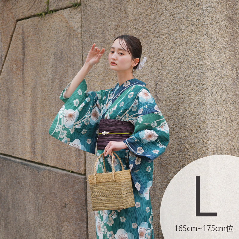【utatane 高級変わり織 浴衣3点セット ( ゆかた・帯・下駄 )かすれ緑ぼかしの梅】 Lサイズ（165-175cm） 国産生地 国内染色　昭和初期アンティーク復刻版（5012280011）