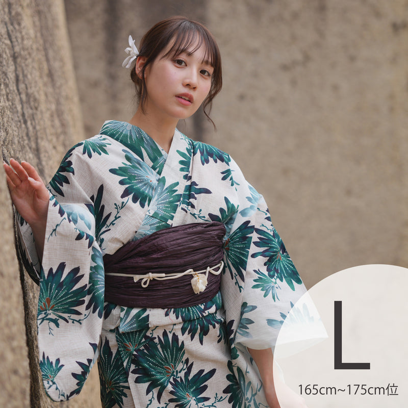 【utatane 高級変わり織 浴衣3点セット ( ゆかた・帯・下駄 )溶け込むグリーンの大輪の花】 Lサイズ（165-175cm） 国産生地 国内染色　昭和初期アンティーク復刻版（5012280111）