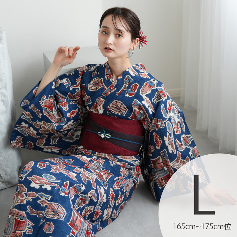 【ニコアンティーク 高級変わり織 浴衣3点セット ( ゆかた・帯・下駄 ) 南蛮渡来　ネイビー】Lサイズ（165-175cm） 国産生地 国内染色　個性派きもの（5012280211）