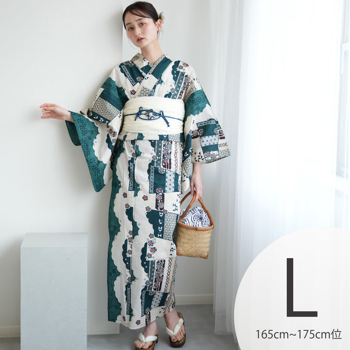 うきです❣️ 【着物と帯 時流】T25645◆浴衣反物 未使用品◆ 浴衣 レディース 綿麻 TLサイズ 七宝 ボタン トールサイズ 牡丹