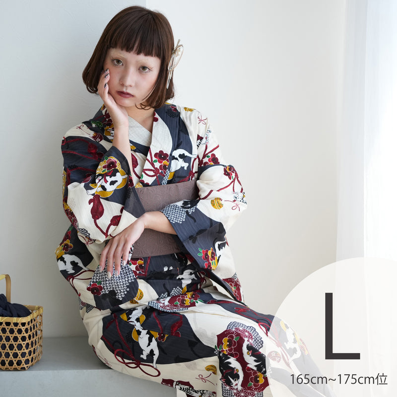 【ニコアンティーク 高級変わり織 浴衣3点セット ( ゆかた・帯・下駄 ) 染め分けグレーに大正浪漫ねこ】Lサイズ（165-175cm） 国産生地 国内染色　個性派きもの（5012281011）