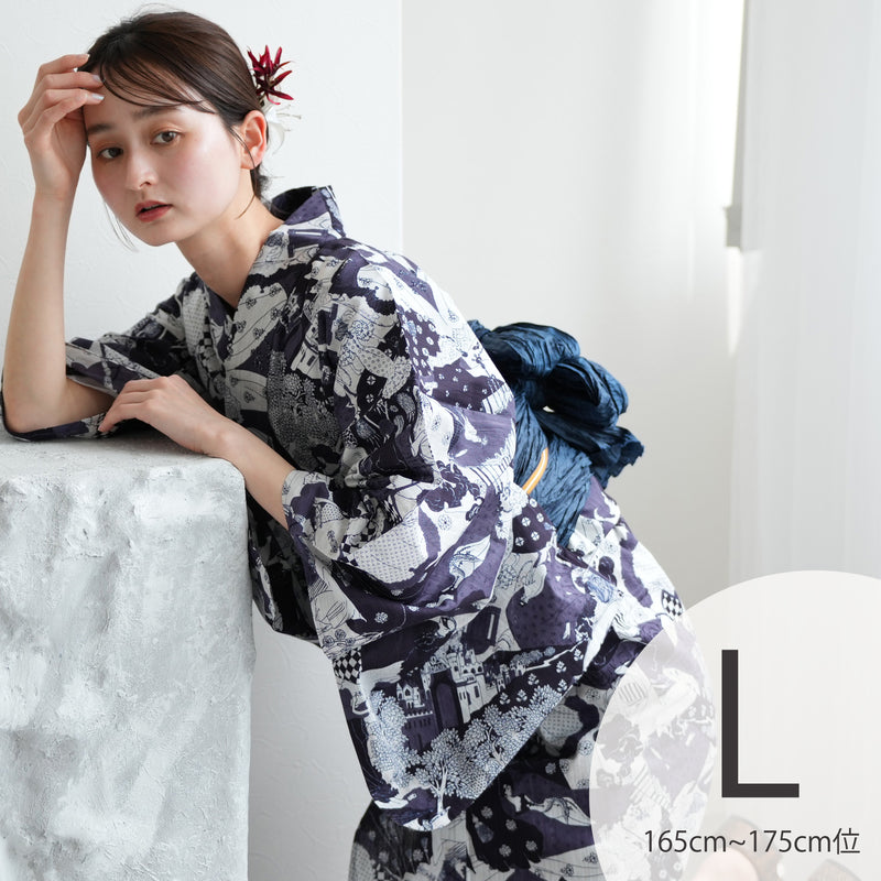 【ニコアンティーク 高級変わり織 浴衣3点セット ( ゆかた・帯・下駄 ) 幻想戯曲 ネイビー】Lサイズ（165-175cm） 国産生地 国内染色　個性派きもの（5012281611）