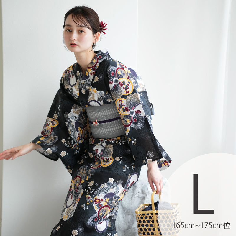【ニコアンティーク 高級変わり織 浴衣3点セット ( ゆかた・帯・下駄 ) 大正浪漫ブラックに夢幻ねじり梅】Lサイズ（165-175cm）国産生地 国内染色　個性派きもの（5012281711）