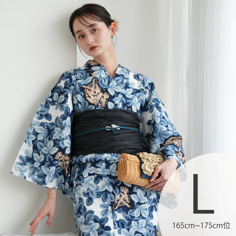 【ニコアンティーク 高級変わり織 浴衣3点セット ( ゆかた・帯・下駄 ) 梟の森　宵】 Lサイズ（165-175cm） 国産生地 国内染色　個性派きもの（5012282611）