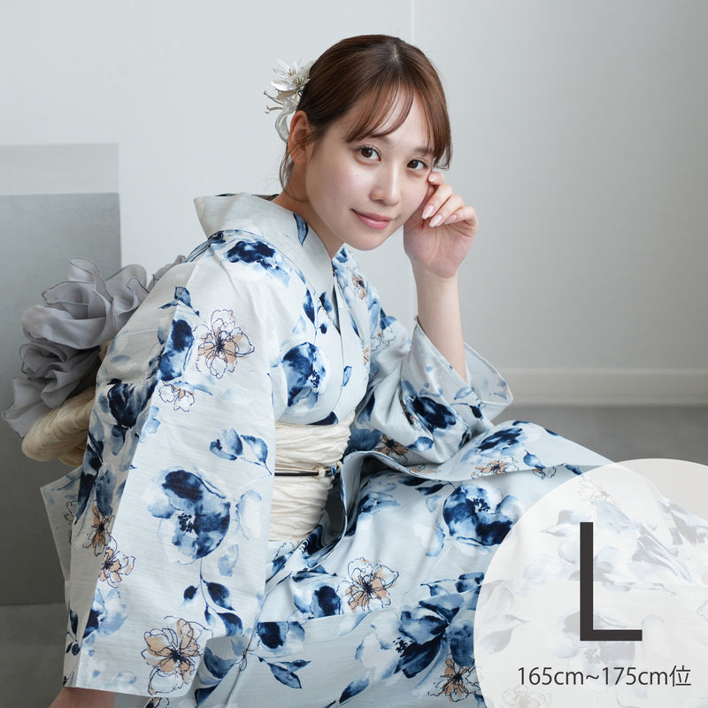 【ニコアンティーク 高級変わり織 浴衣3点セット ( ゆかた・帯・下駄 ) フロスティブルーとスモーキークオーツの花】 Lサイズ（165-175cm）国産生地 国内染色　個性派きもの（5012282711）