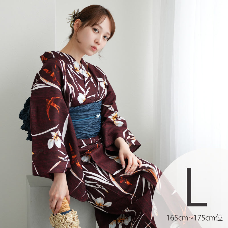 【ニコアンティーク 高級変わり織 浴衣3点セット ( ゆかた・帯・下駄 ) えんじに菖蒲とつばめ】Lサイズ（165-175cm） 国産生地 国内染色　個性派きもの（5012283311）