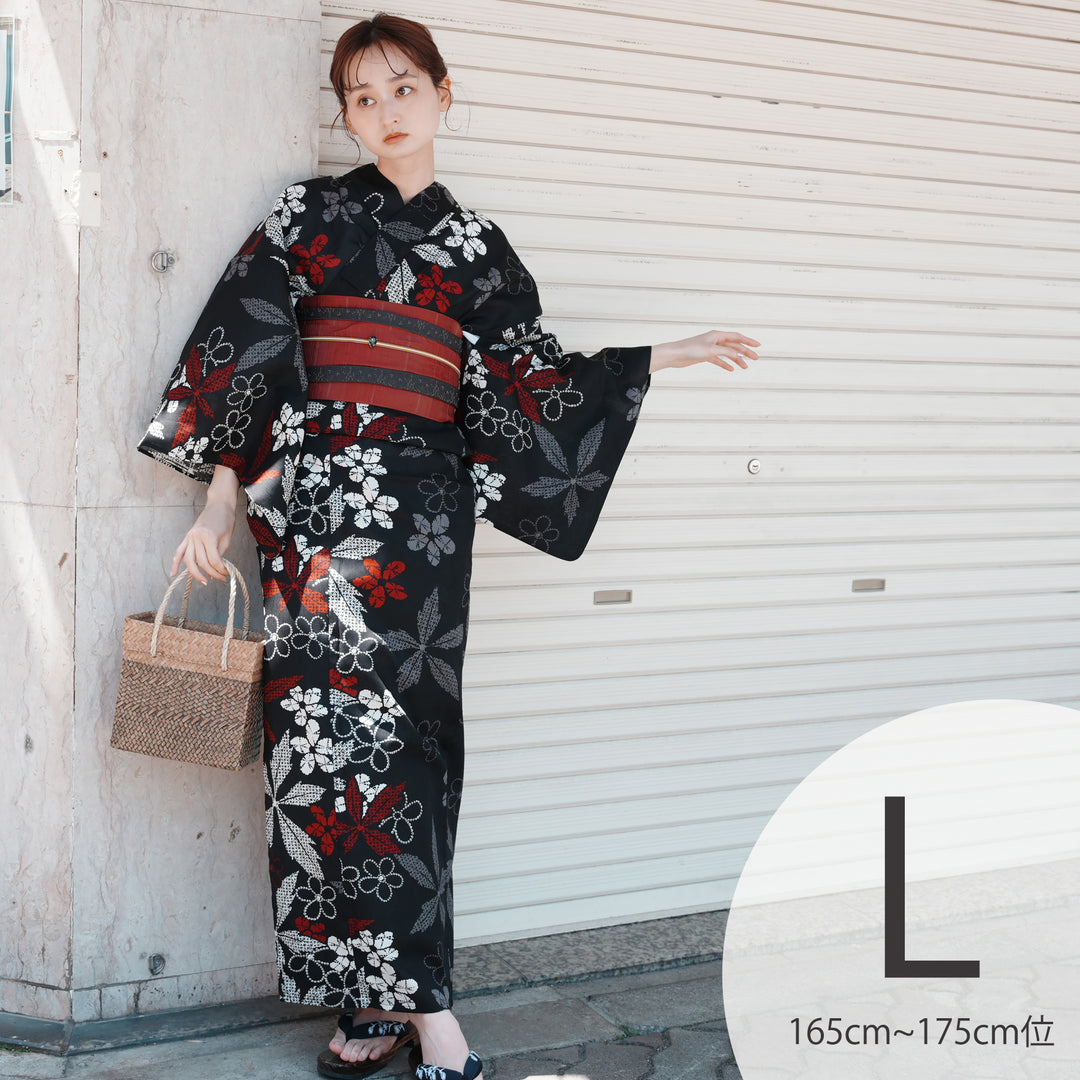 utatane 浴衣・帯・下駄セット utatane 高級変わり織 浴衣3点セット（浴衣・帯・下駄）黒地に赤の片