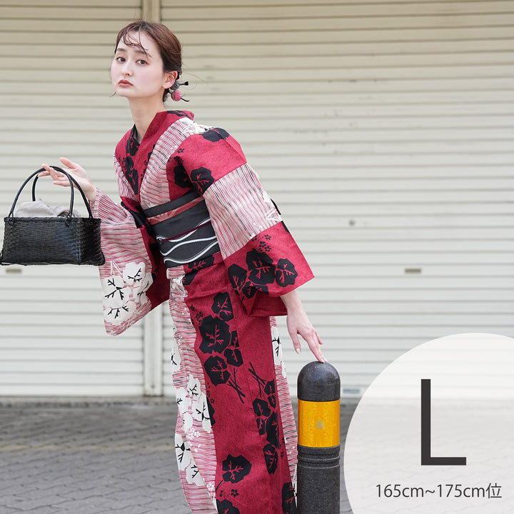 utatane 高級変わり織 浴衣3点セット（浴衣・帯・下駄）赤と黒の縞々