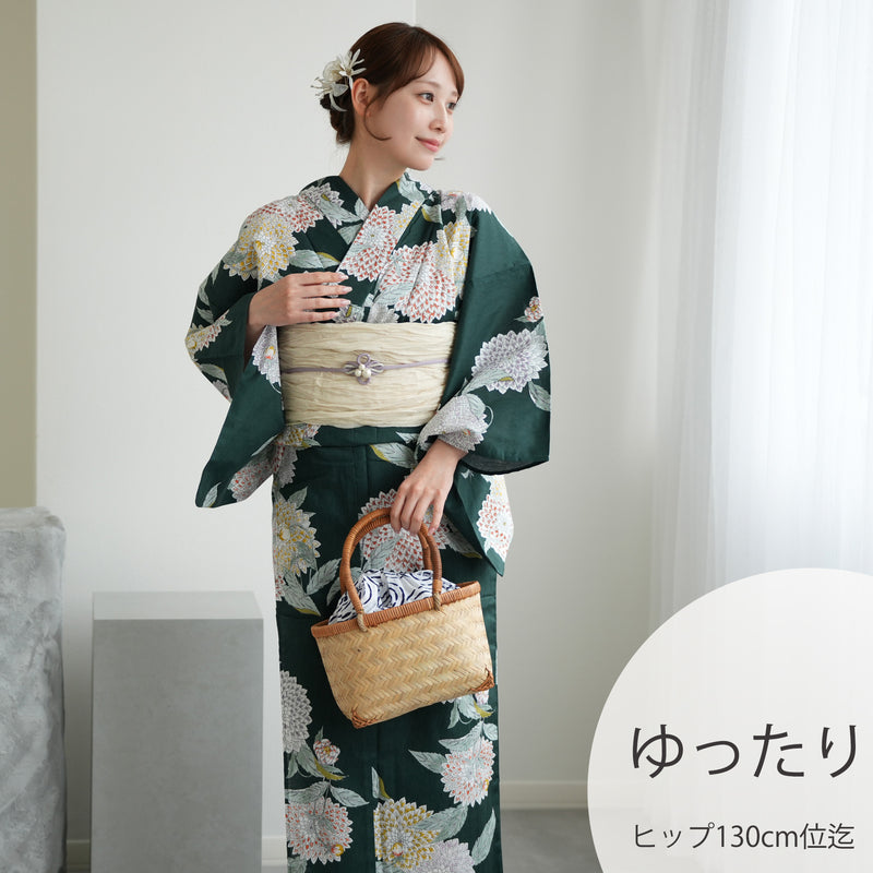 浴衣3点セット（浴衣/帯/下駄） utatane ゆかた 3L ゆったりサイズ（ヒップ130cm頃） 青緑に広がる菊（5013049311）