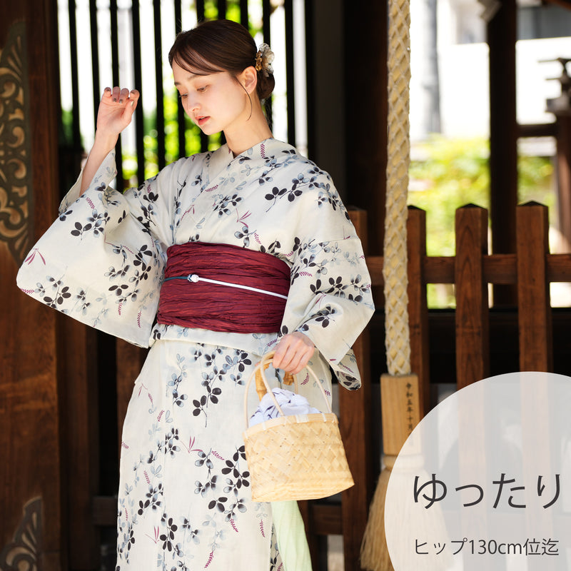 【utatane 高級変わり織 浴衣3点セット ( ゆかた・帯・下駄 ) サイダー色に溶け込む萩とトンボ】 3Lサイズ（ヒップ約130cm位まで対応） 国産生地 国内染色　昭和初期アンティーク復刻版（5013266511）