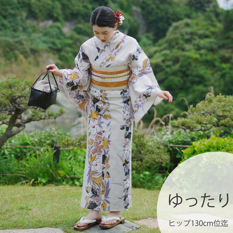 【utatane 高級変わり織 浴衣3点セット ( ゆかた・帯・下駄 )からしの百合片寄せ】3Lサイズ（ヒップ約130cm位まで対応） 国産生地 国内染色　個性派きもの（5013267011）