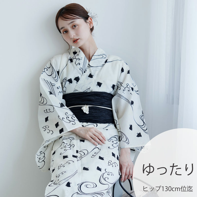 【utatane 高級変わり織 浴衣3点セット ( ゆかた・帯・下駄 ) きなりぼかしに黒千鳥】 3Lサイズ（ヒップ約130cm位まで対応） 国産生地 国内染色　昭和初期アンティーク復刻版（5013268211）