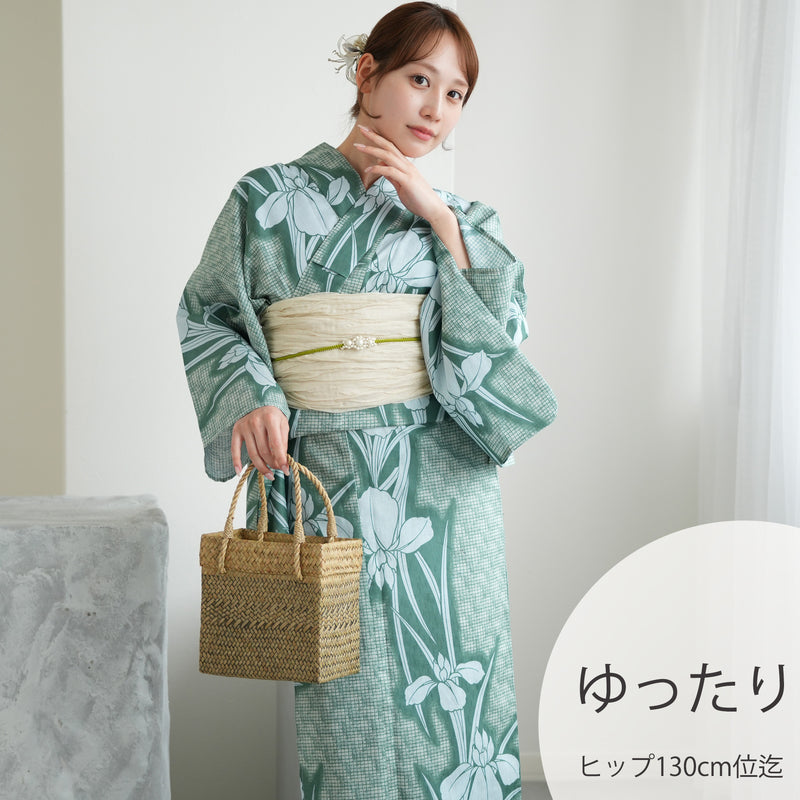 【utatane 高級変わり織 浴衣3点セット ( ゆかた・帯・下駄 ) 翡翠に菖蒲】3Lサイズ（ヒップ約130cm位まで対応） 国産生地 国内染色　昭和初期アンティーク復刻版（5013268711）
