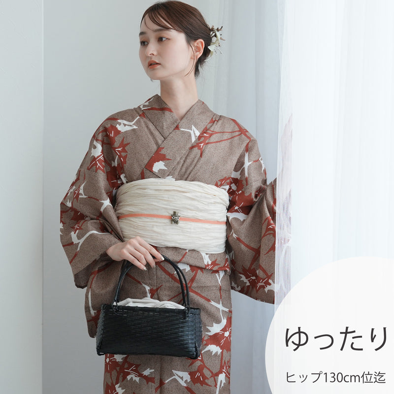 【utatane 高級変わり織 浴衣3点セット ( ゆかた・帯・下駄 ) ココアと赤茶のあざみ砂嵐】 3Lサイズ（ヒップ約130cm位まで対応） 国産生地 国内染色　昭和初期アンティーク復刻版（5013269211）