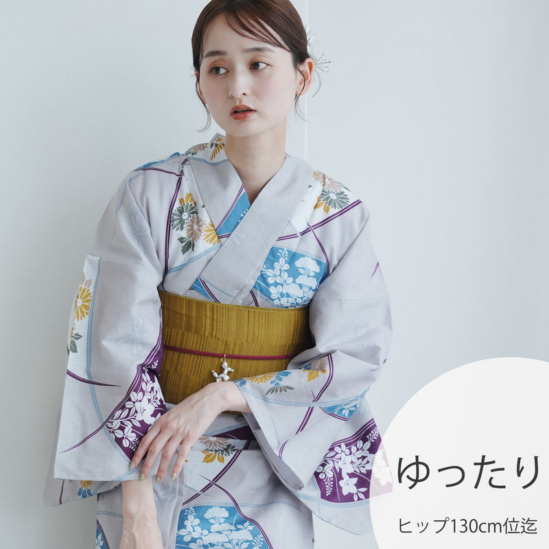 【utatane 高級変わり織 浴衣3点セット ( ゆかた・帯・下駄 ) グレーに露芝紋の古典花】 3Lサイズ（ヒップ約130cm位まで対応）国産生地 国内染色　昭和初期アンティーク復刻版（5013269411）