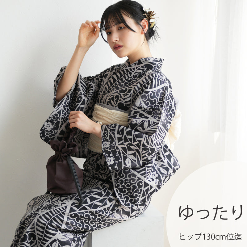 【ニコアンティーク 高級変わり織 浴衣3点セット ( ゆかた・帯・下駄 ) 墨色によろけ草】 3Ｌサイズ（ヒップ約130cm位まで対応） 国産生地 国内染色　個性派きもの（5013269711）