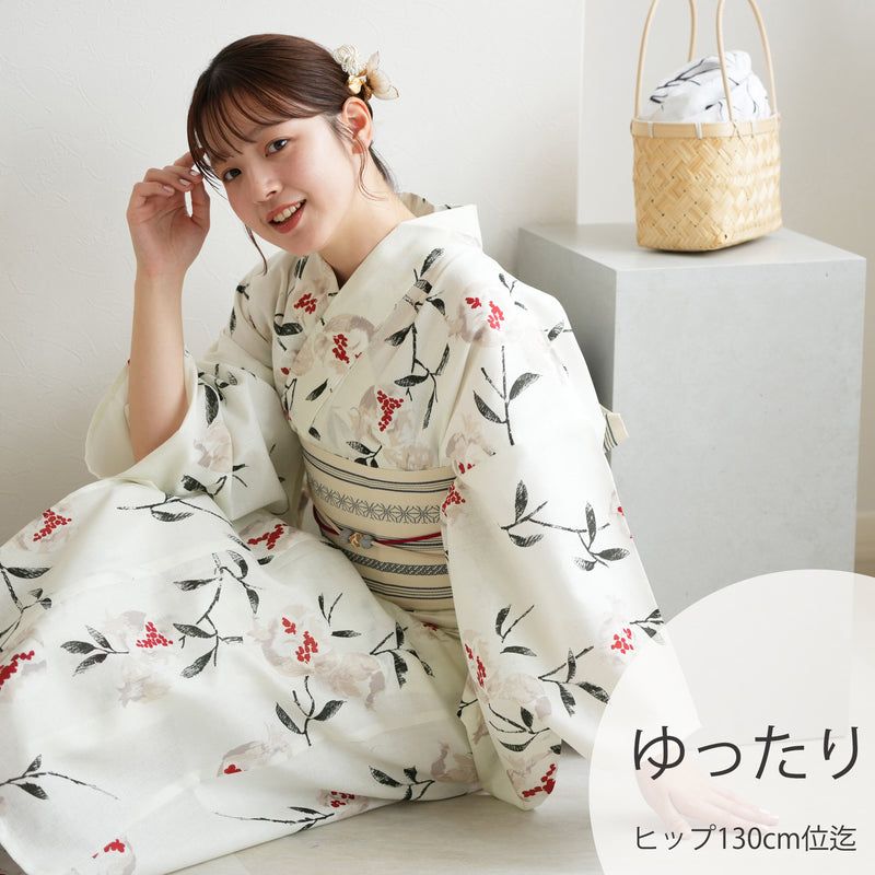 【ニコアンティーク 高級変わり織 浴衣3点セット ( ゆかた・帯・下駄 )オフホワイトに柘榴】 3Lサイズ（ヒップ約130cm位まで）国産生地 国内染色　個性派きもの（5013269911）