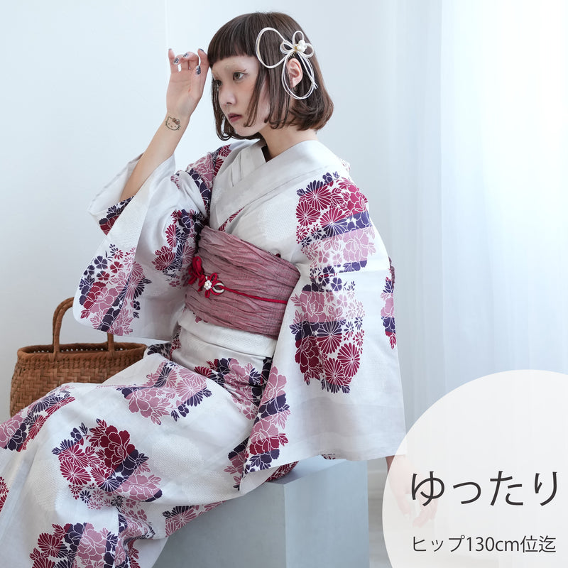 【ニコアンティーク 高級変わり織 浴衣3点セット ( ゆかた・帯・下駄 ) えんじの花輪よろけ縞】 3Lサイズ（ヒップ約130cm位まで対応） 国産生地 国内染色　個性派きもの（5013270611）