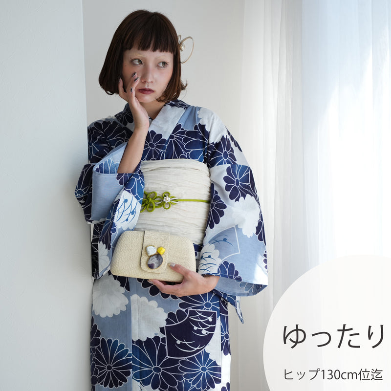 【ニコアンティーク 高級変わり織 浴衣3点セット ( ゆかた・帯・下駄 ) 紺ぼかしの菊と扇面】 3Lサイズ（ヒップ約130cm位まで対応）国産生地 国内染色　個性派きもの（5013271411）