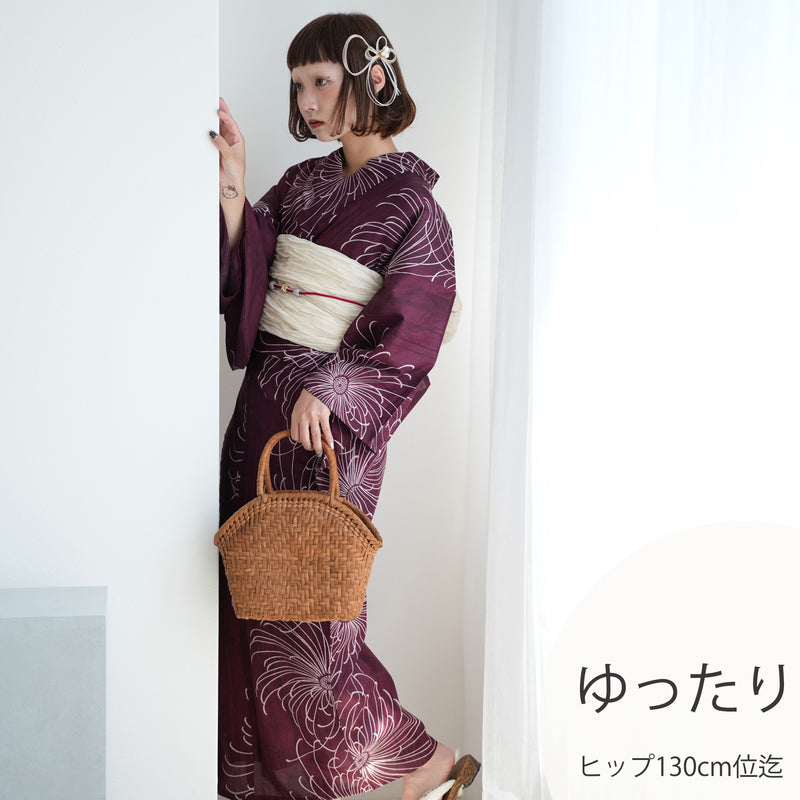 【ニコアンティーク 高級変わり織 浴衣3点セット ( ゆかた・帯・下駄 ) 赤紫に縞々糸菊】3Lサイズ（ヒップ約130cm位まで対応）国産生地 国内染色　個性派きもの（5013271511）
