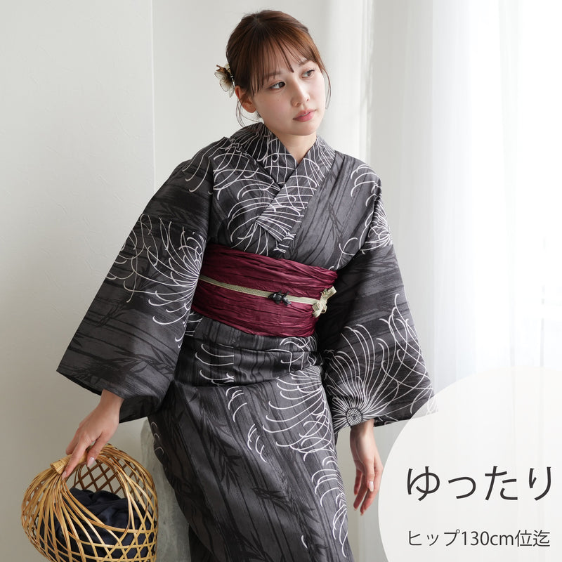 【ニコアンティーク 高級変わり織 浴衣3点セット ( ゆかた・帯・下駄 )墨黒に縞々糸菊】 3Lサイズ（ヒップ約130cm位まで対応）国産生地 国内染色　個性派きもの（5013271911）