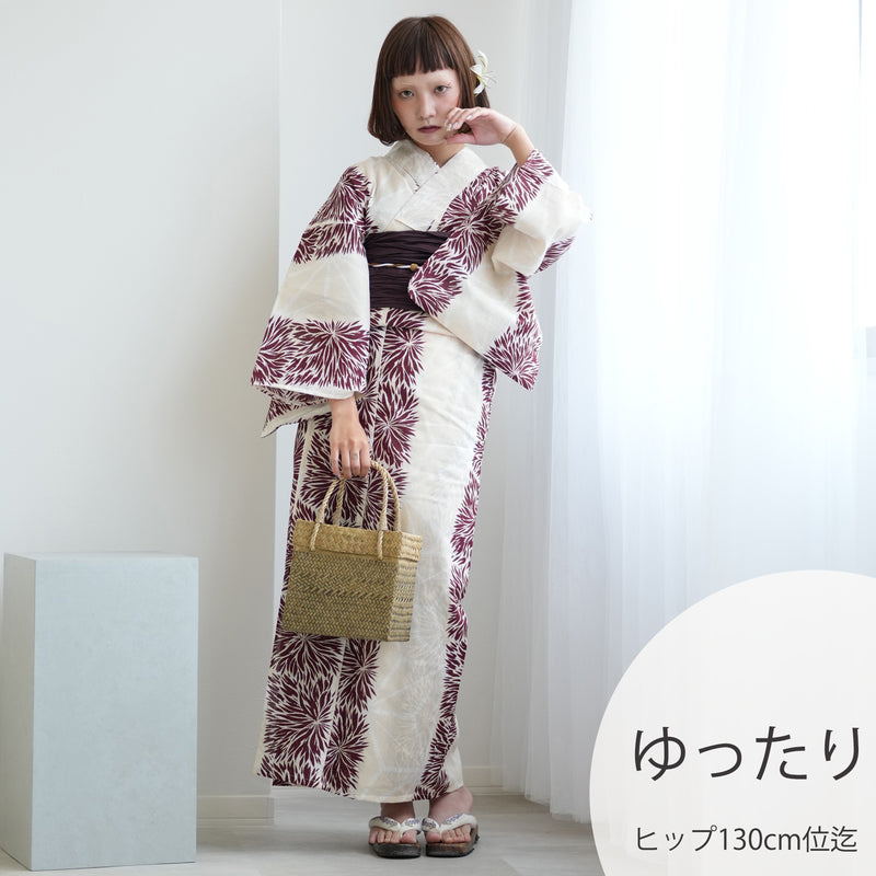 【ニコアンティーク 高級変わり織 浴衣3点セット ( ゆかた・帯・下駄 ) クリーム麻の葉とえんじのよろけ菊】 3Lサイズ（ヒップ約130cm位まで） 国産生地 国内染色　個性派きもの（5013272011）