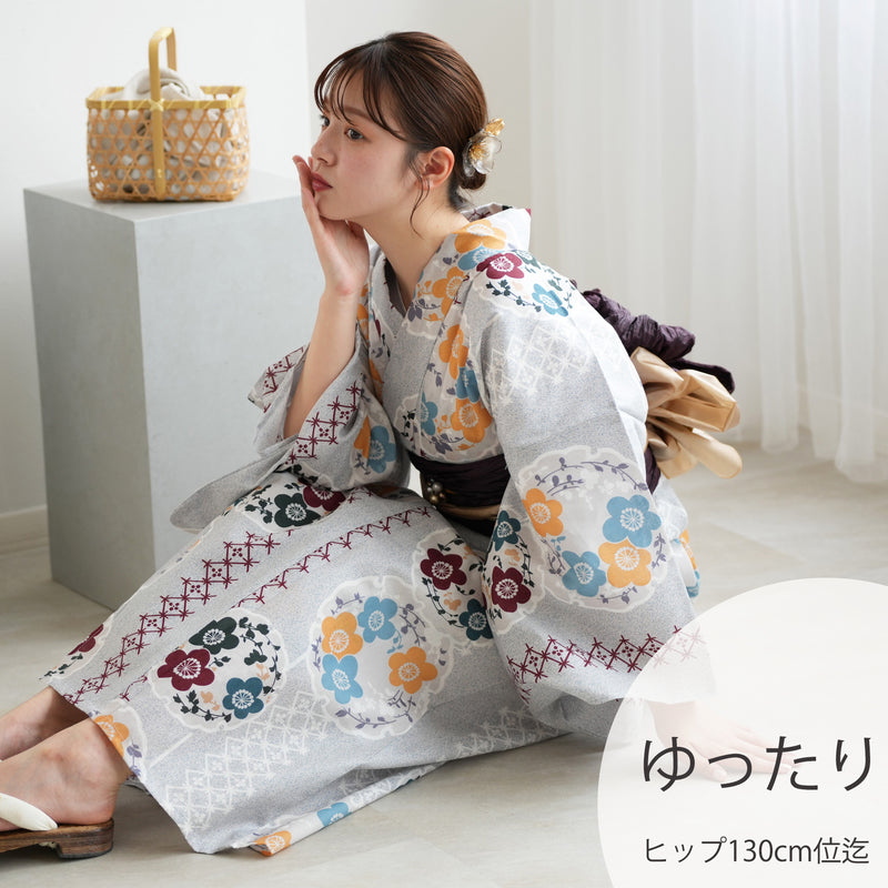 【utatane 高級変わり織 浴衣3点セット ( ゆかた・帯・下駄 ) 灰青の霧と梅雪輪】 3Lサイズ（ヒップ約130cm位まで対応） 国産生地 国内染色　昭和初期アンティーク復刻版（5013272111）