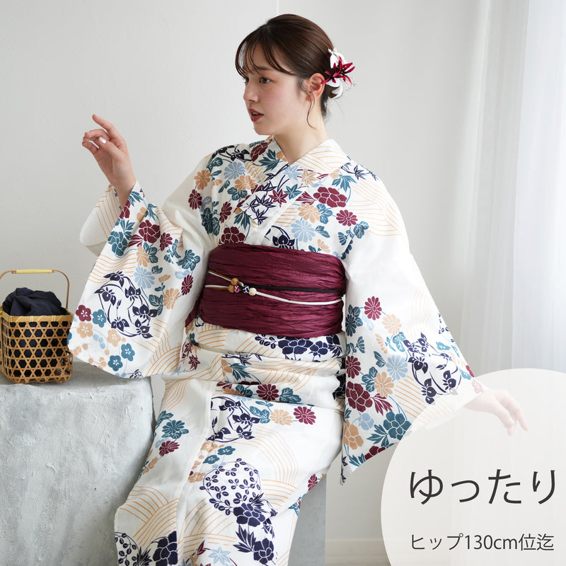 【utatane 高級変わり織 浴衣3点セット ( ゆかた・帯・下駄 ) きなりにえんじとからしの花輪】 3Lサイズ（ヒップ約130cm位まで対応） 国産生地 国内染色　昭和初期アンティーク復刻版（5013272211）